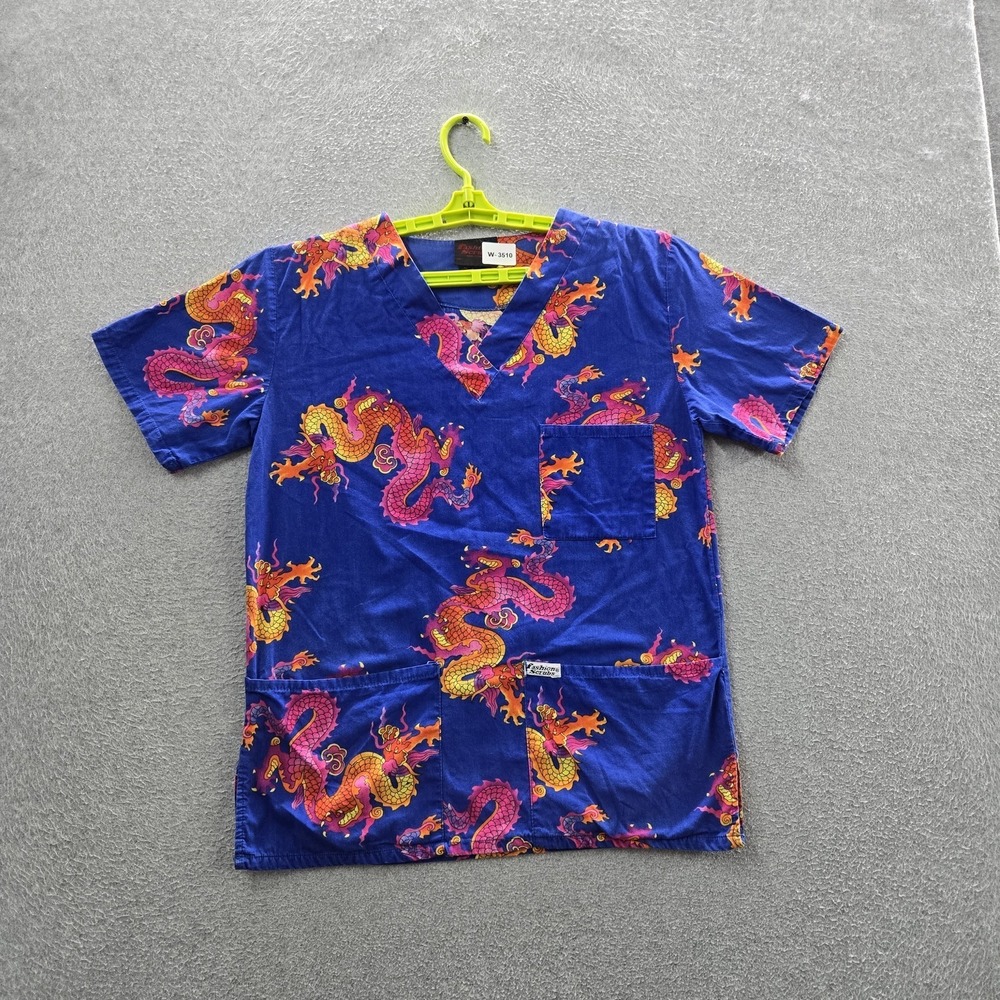 Fashion Scrubs Women Scrub Top XS Blue Graphic Dragon Print